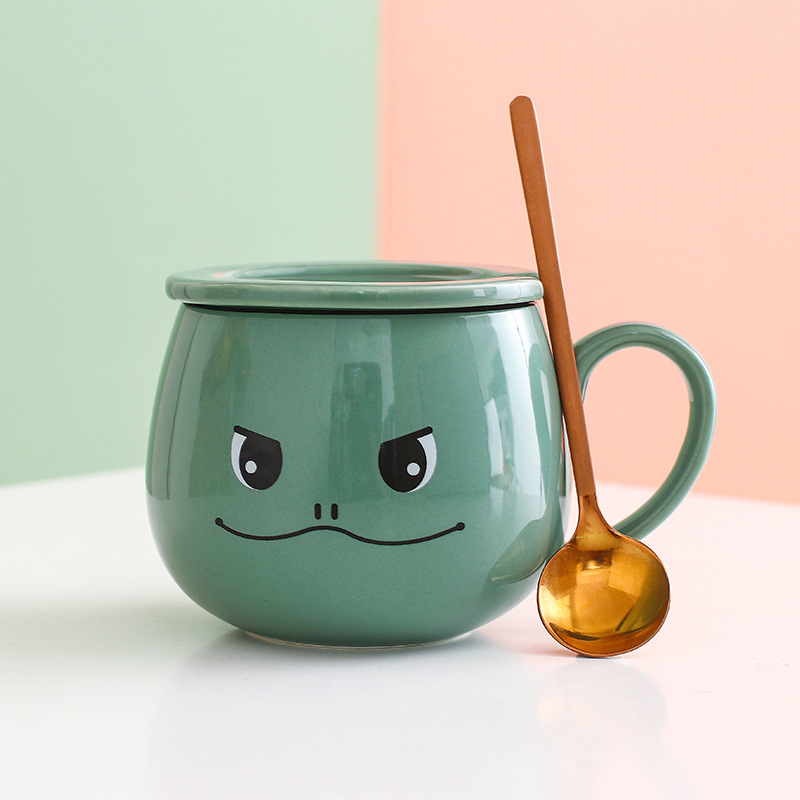 Taza de cerámica para parejas con tapa y cuchara, taza de café creativa de dibujos animados, taza de leche, taza personalizada creativa, linda y divertida