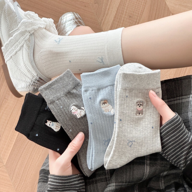 Cute Bowknot Autumn Summer Little Dog and Cat Imitation Embroidery Socks for Women, Zhijiang Autumn Mid-Calf Socks, Sweet Ins Style