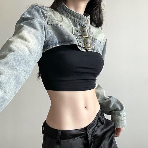 Feeling, personality, ultra-short denim short coat, women's spring and summer new all-matching slimming hot girl blouse jacket, trendy