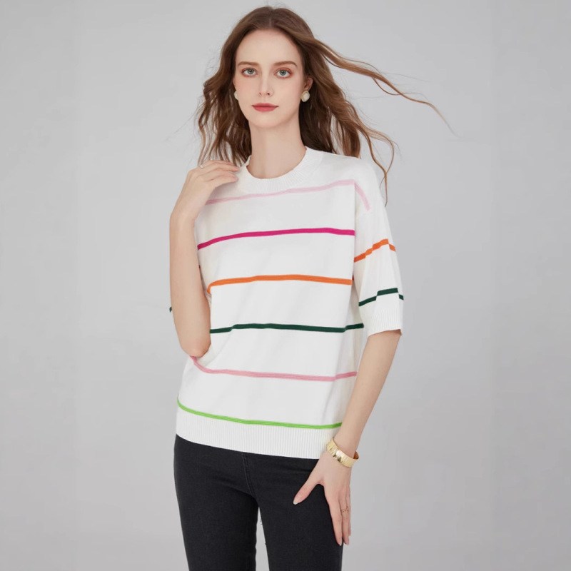 European High-End Custom Round Neck Color Block Pullover Knit Loose Casual Three-Quarter Sleeve Base Shirt Top European High-End Custom Round Neck Color Block Pullover Knit Loose Casual Three-Quarter Sleeve Base Shirt Top