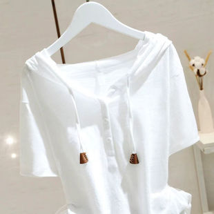 Korean Style Hooded White Short-Sleeved T-Shirt for Women 2025 Summer New Style Loose Slimming Look Versatile Casual Fashion Plus Size Women's Clothing