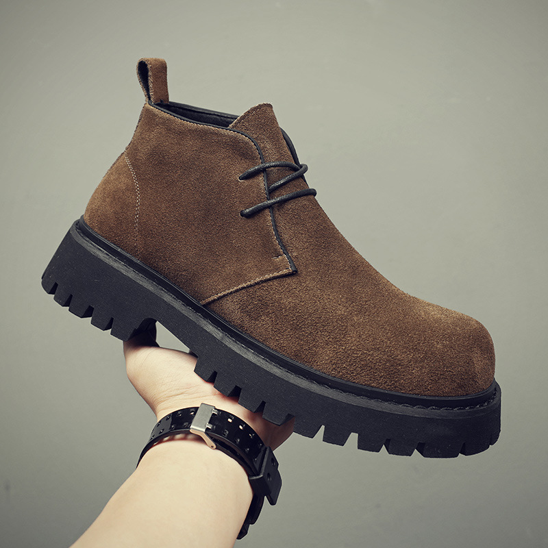 High-top leather shoes men's 2024 autumn new retro thick-soled raised fur martin boots genuine leather mid-top short boots