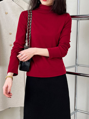 Sheepskin Autumn and Winter Semi-High Collar Tucking Base Shirt Women's Inner Warm Soft Long Sleeve Knit T-shirt 2729