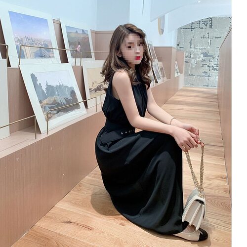 Chiffon dress 2026 summer new Korean women's slim long sleeveless dress beach dress [with belt]