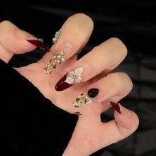 【红酒杯】新款纯手工穿戴甲红色法式锆石光疗高级显白纯手作美甲