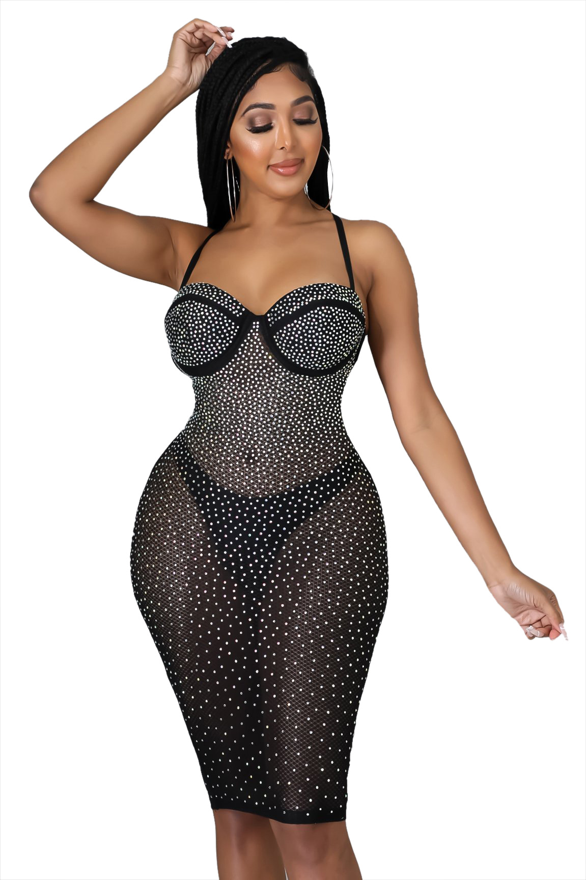 Rhinestone Pearl Perspective Strapless Dress With Pantie NSWNY97188