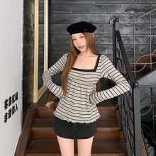 2025新款方领紫色撞色条纹长袖T恤女波点设计感修身显瘦花边上衣