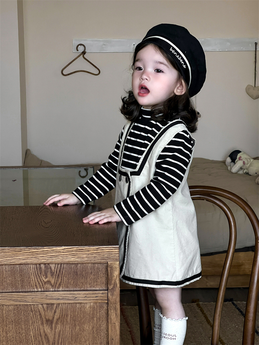 Set de otoño infantil coreano ropa infantil ropa de bebé camiseta de fondo a rayas de camisa de cordillera vestido set