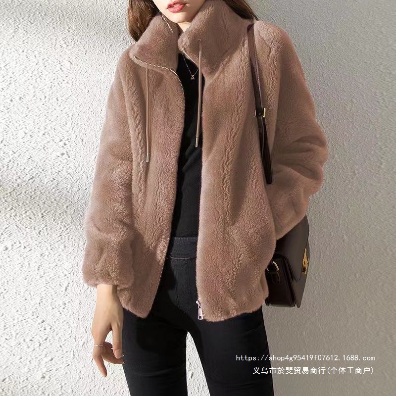 Winter fleece-lined, thickened double-sided fleece stand-up collar warm coat, versatile casual cardigan, zip-up coral fleece sweatshirt for women.