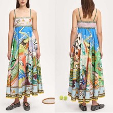 INS 跨境外贸独立站2025新款棉麻印花吊带太阳花裙子度假风连衣裙