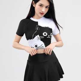 批发卡通猫咪泳衣女分体裙式遮肚显瘦显瘦温泉运动度假沙滩游泳装