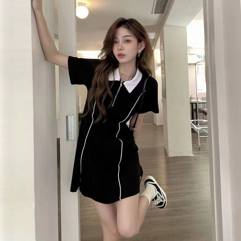 Cross-Border Summer New Polo Collar 2025 Dress Women's Waist Slimming Short-Sleeved Casual Student Sexy Mid-Length Skirt