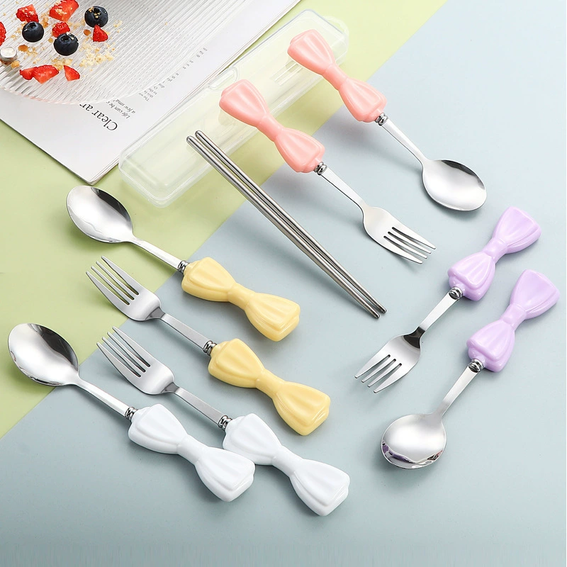 Палочки для еды из нержавеющей стали с бантом, ложки и вилки, портативный набор посуды из трех предметов, палочки для еды, ложки и вилки с имитацией керамической ручки, посуда
