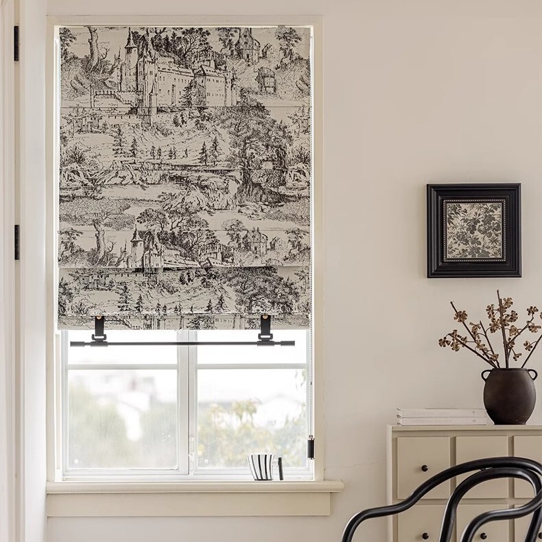 2024 New Light French Style American Style Black and White Chenille Jacquard Shading Roman Curtain for Study Lifting Punch-free Curtain