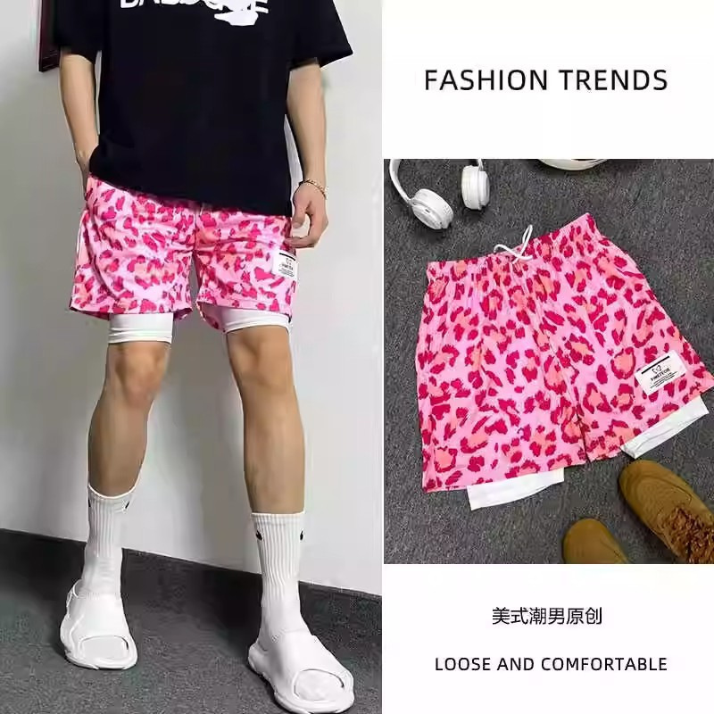 American-style pink Leopard Print Shorts Fake Two-piece Basketball Pants Men's Sports Breathable Quick-drying Knee-wide Trendy Quad Pants