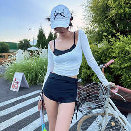 辣妹性感挂脖吊带背心修身长袖T恤高腰短裤泳衣套装温泉度假新款