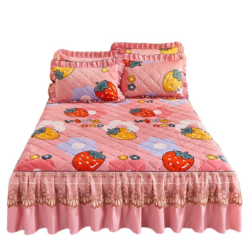 Falda de cama de terciopelo de cristal acolchado de encaje de princesa de estilo europeo, funda de cama de terciopelo de leche cálida gruesa de una sola pieza, funda de cama, falda 1.8m