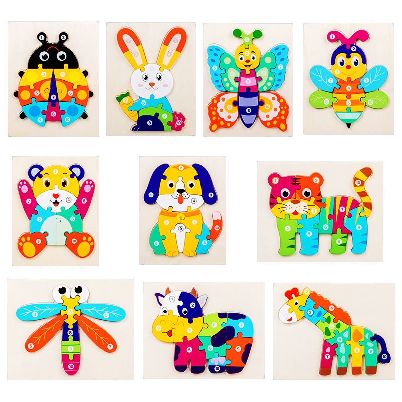Cross-Border New Wooden Kidsren's 3D Creative Stereo Digital Cartoon Puzzle Puzzle Early Education Animal Cognitive Toy Cross-Border New Wooden Kidsren's 3D Creative Stereo Digital Cartoon Puzzle Puzzle Early Education Animal Cognitive Toy
