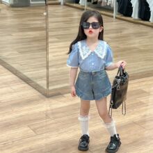 童装女童套装2024夏装蓝色竖条纹尖领短袖衬衫时尚牛仔短裤