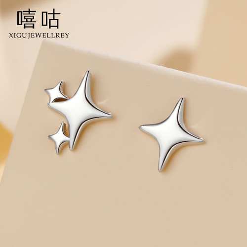 Xigu E1481 S925 Silver Simple Fresh Asymmetrical Four-Pointed Star Earrings Feminine Trendy Personalized Earrings for Women