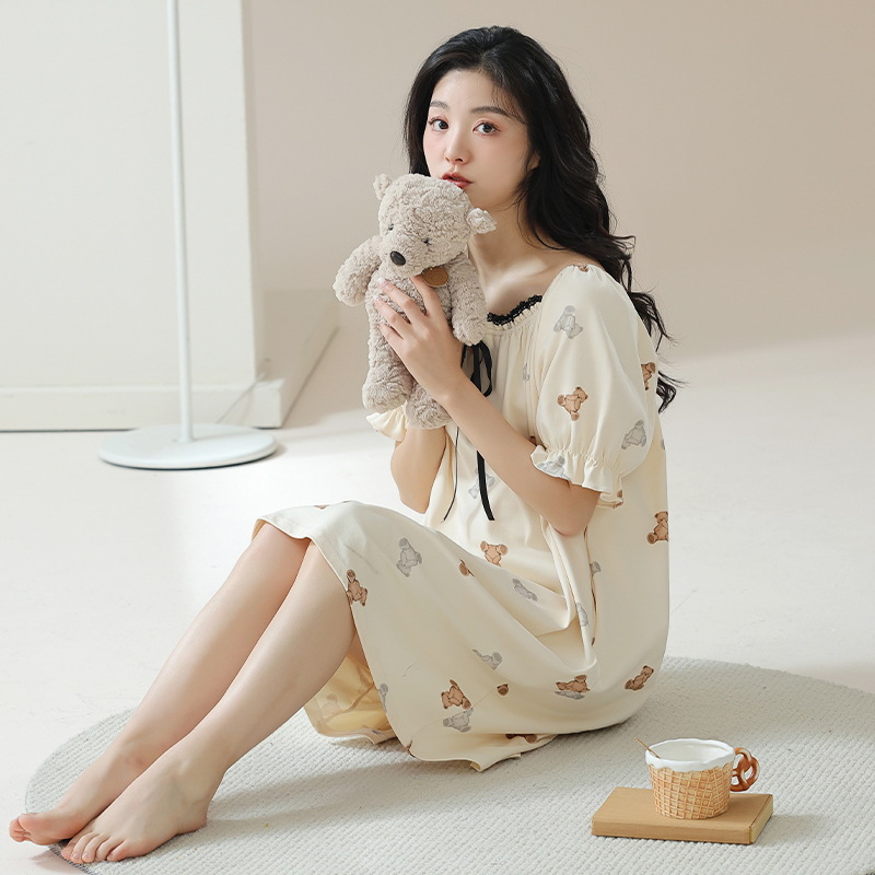 2024 Nuevo Camisón de algodón puro-blanco cremoso de manga corta de mamá de las mujeres embarazadas puro deseo estilo pijamas vestido de verano de las mujeres Retro