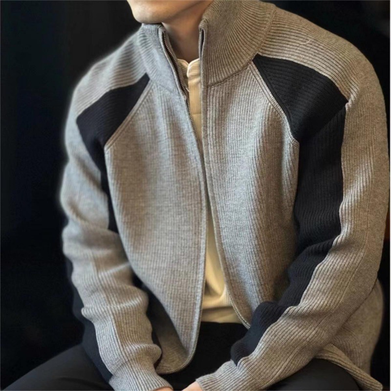Strickpullover für Herbst und Winter, Herren-Cardigan mit kontrastierendem Reißverschluss, locker gestrickt_voghion.com