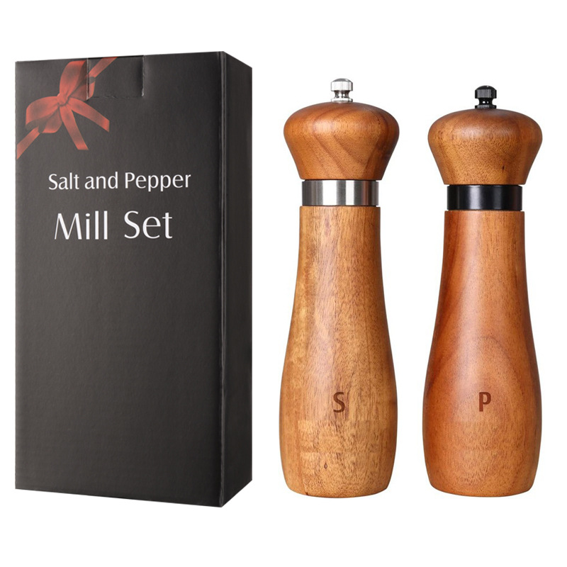 8-pulgadas de madera de acacia Molino de pimienta molino de anillo de acero espesor ajustable núcleo de cerámica molino de pimienta herramientas de cocina