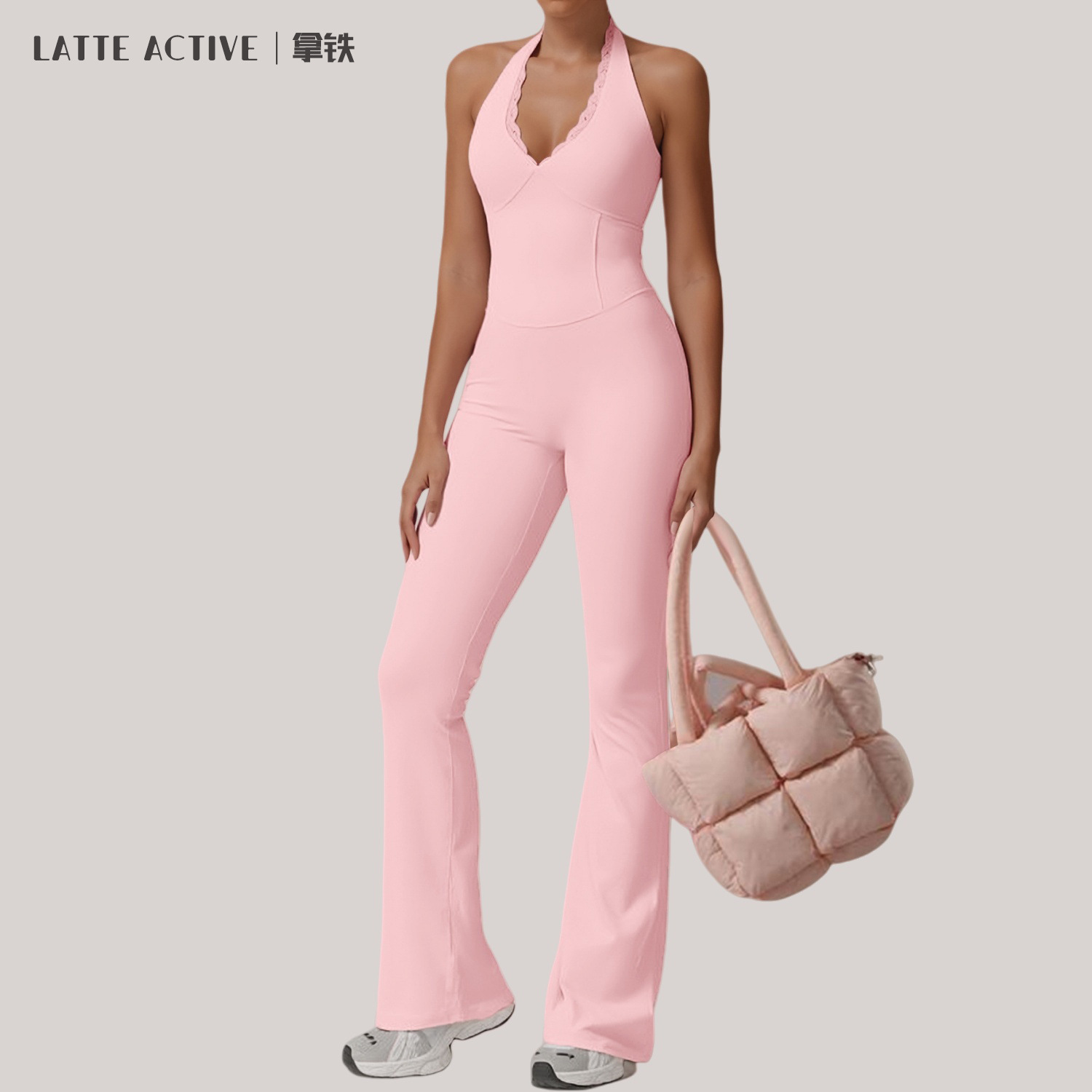 Latte Girl Sports Style Halter Neck Sleeveless Bodysuit Color Waist Lifting Yoga Suit Slightly Flared Nude Fitness