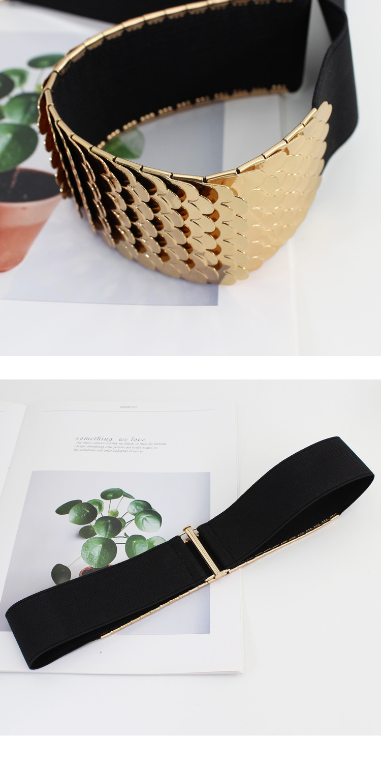 Decorative Belt for Women, Metal Elastic Waistband, Fashionable Fish Scale Pattern Elastic Wide Belt, Versatile for Dresses and Dresses_voghion.com