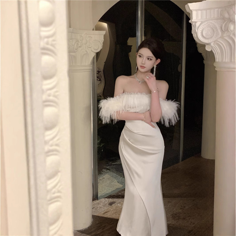 Hepburn style French style high-grade off-shoulder dress women's autumn and winter New feather satin tube top evening dress