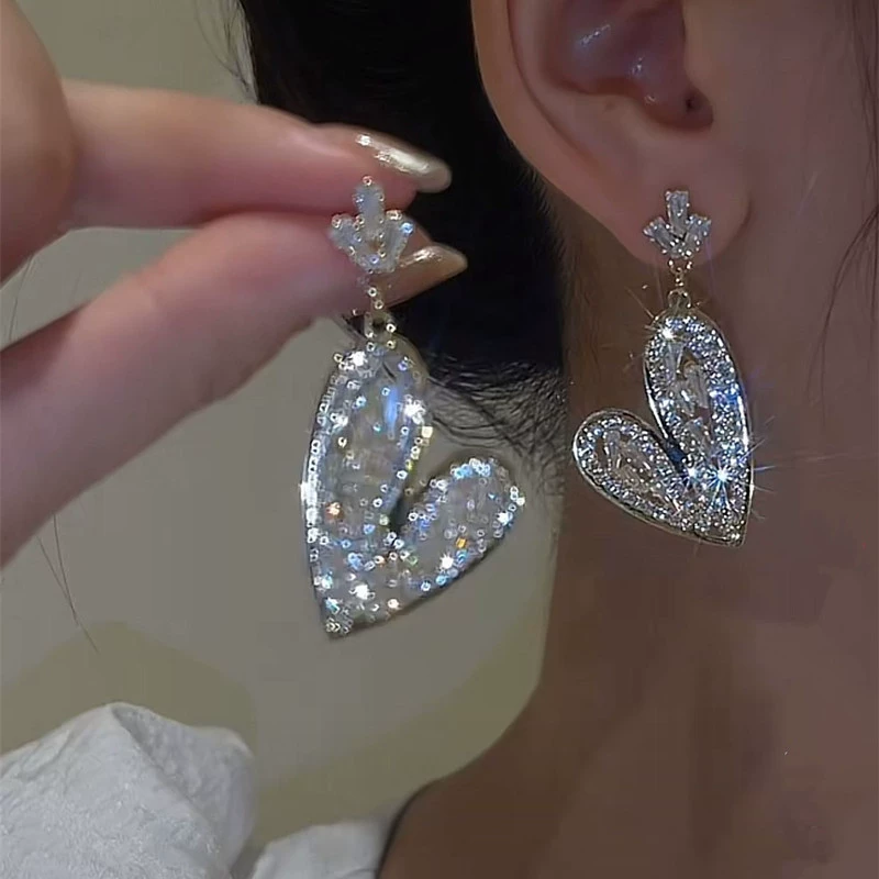 Серьги (Yiwu Yishang) S925 Серебро игла, кристальные стрази, длинная капля сердце, лёгкая роскошь
