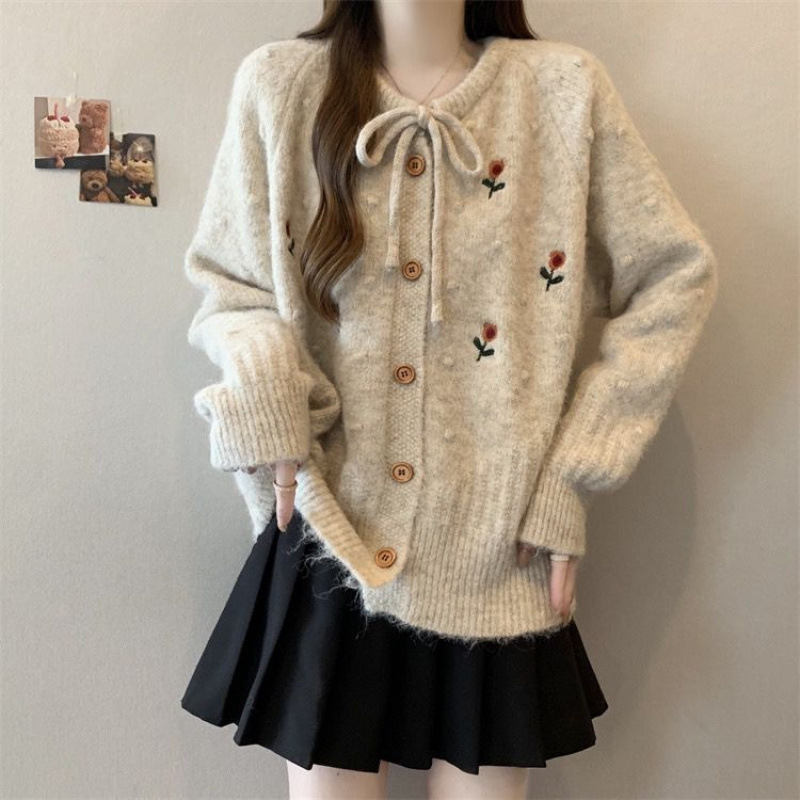温柔风甜美绣花毛衣外套女秋冬2025新款韩系蝴蝶结针织开衫上衣服|undefined