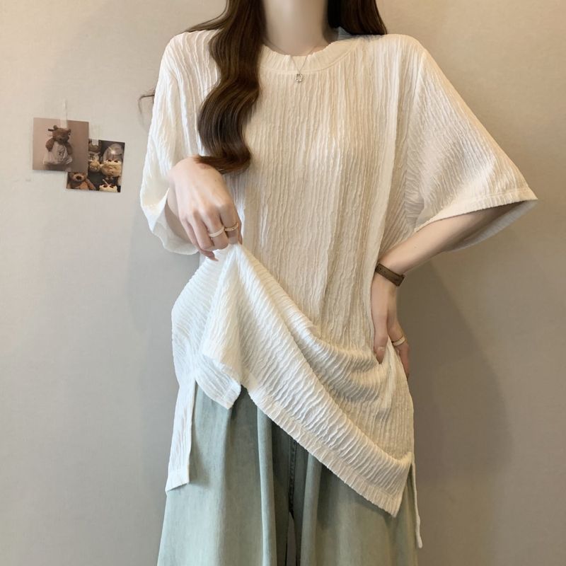 大码女装肌理感开叉正肩短袖t恤女2025夏季新款宽松显瘦开叉上衣|undefined
