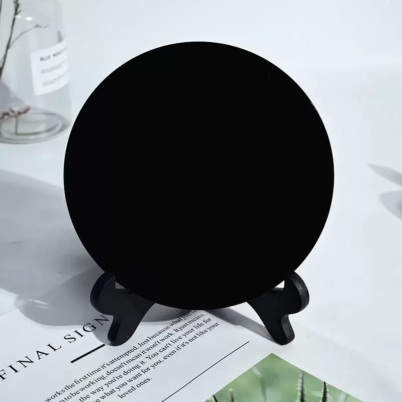 黑曜石圆盘光盘无事盘镜子镜面风水摆件水晶底座家居装饰工艺品