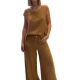 2025 Summer Cross-border New European and American AliExpress Amazon Women's Cotton and Linen Solid Color Sleeveless Pants 2 Pieces suit