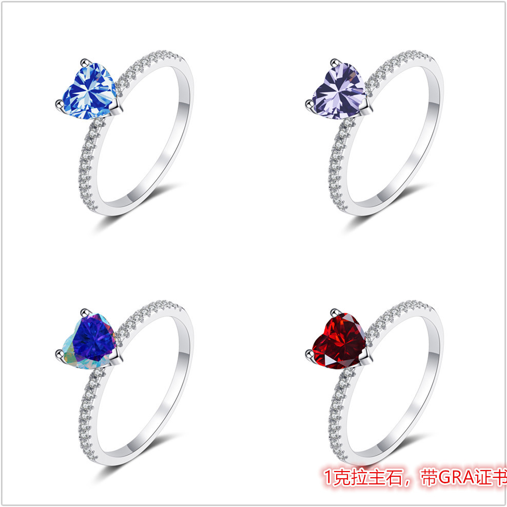 Importación de color galvanizado en forma de piedra de moissan mujer S925 anillo en forma de corazón 1 quilates certificado GRA anillo de moissan