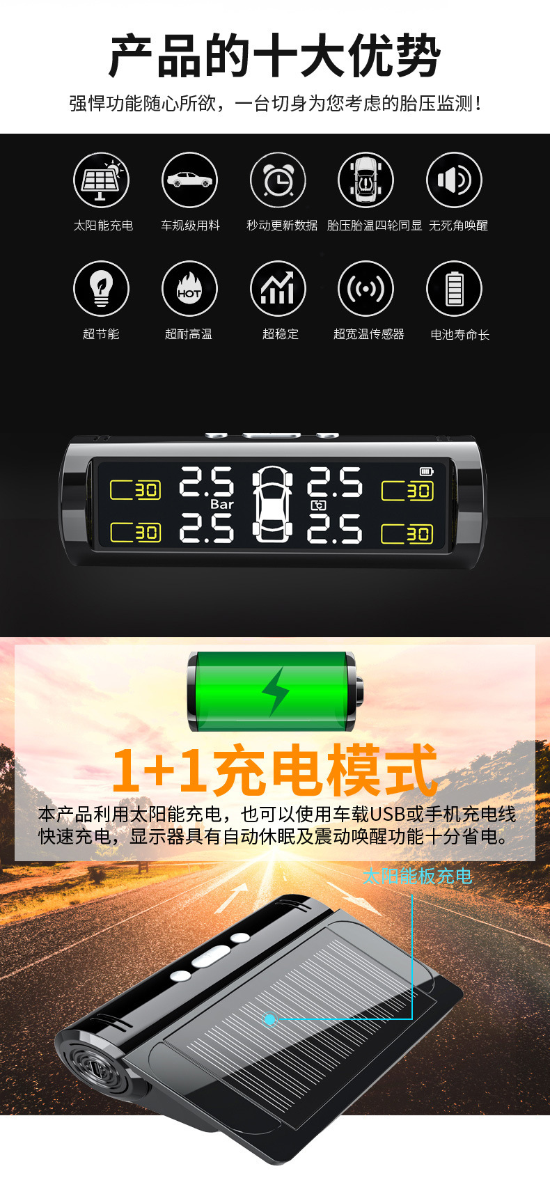 New Hidden Car Solar Tire Pressure Monitor System Internal and External Tire Pressure Temperature Detector Smart