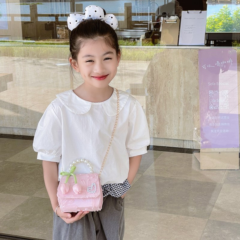 Bolso de hombro para niña con fragancia pequeña coreana, flor dulce, bolso de perla para bebé, cadena de moda, bolso de mensajero para niños