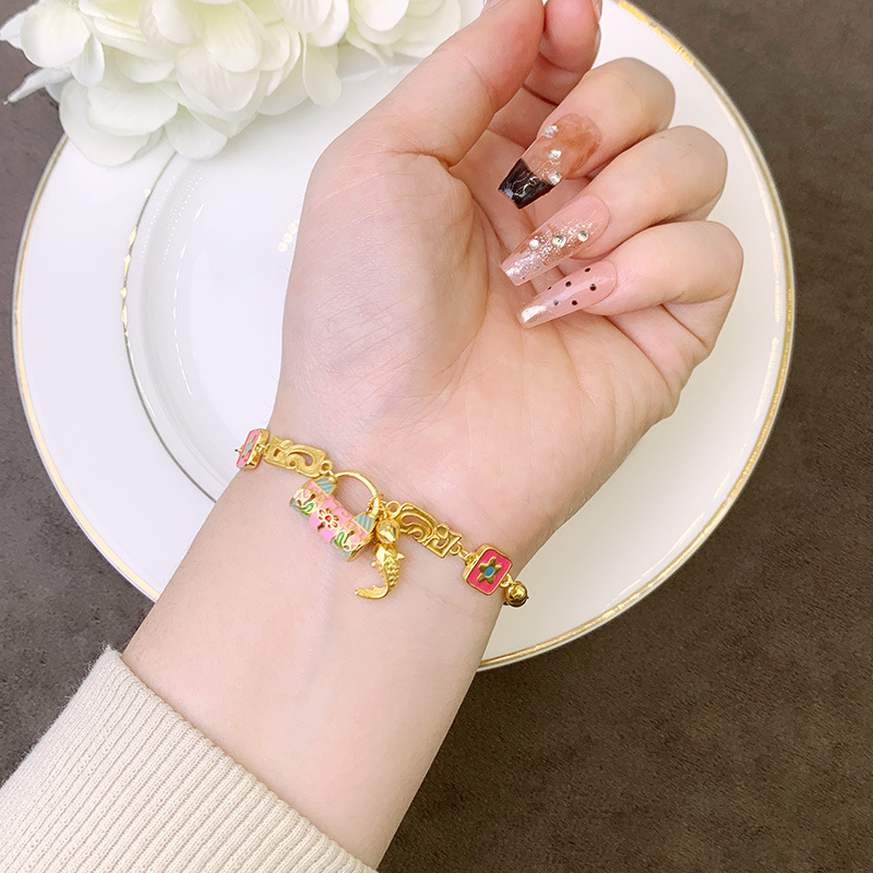 Nueva pulsera de oro antiguo estilo palacio esmalte flor cerradura bolsas Koi cuentas de brazalete de joyas de mano de mujeres étnicas
