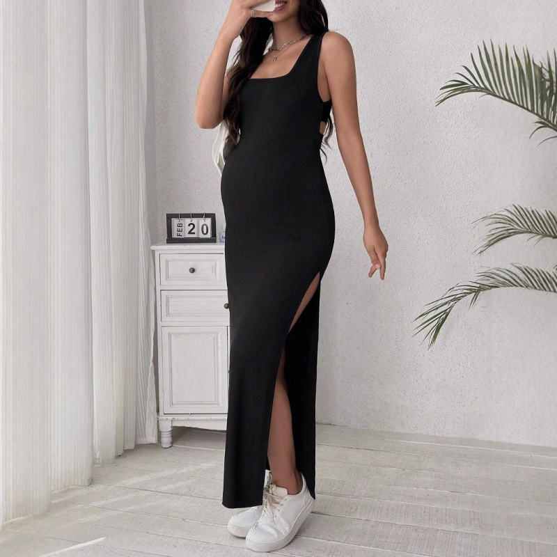 Cross-border European and American Solid Color Sexy Slim Sling Knitted Long Dress All-match Maternity Dress Split Backless Slim-fit dress