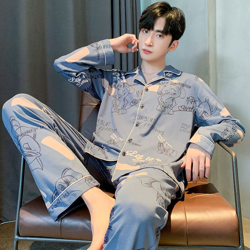 100% algodón pijamas hombres otoño casual Juventud de dibujos animados desgaste del hogar los hombres pueden usar fuera traje de primavera y otoño traje de dos piezas