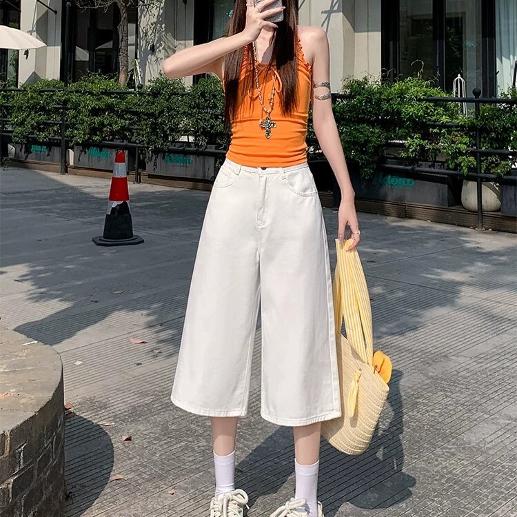 Korean-Style White Wide-Leg Jeans for Women, Summer High-Waisted, Flattering and Slimming, Straight-Leg Versatile Cropped Pants for Petite Figures