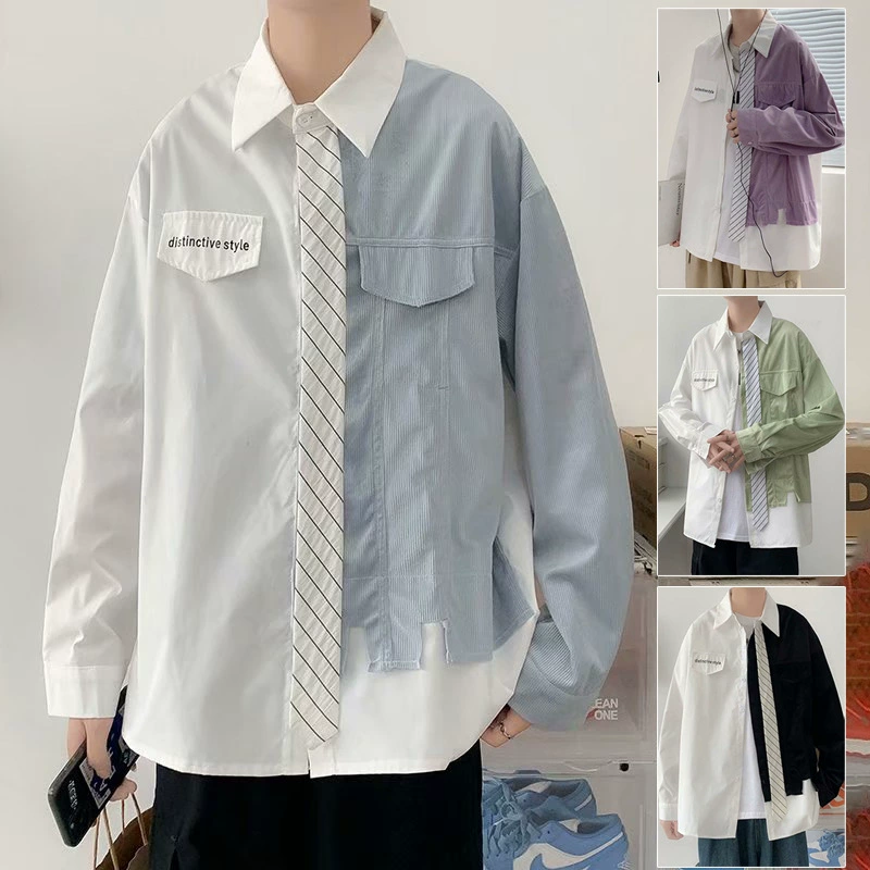 Мужская рубашка в стиле пэчворк, весенне-осенняя тонкая рубашка с длинными рукавами, модная свободная повседневная куртка в гонконгском стиле, японская 2021 г.