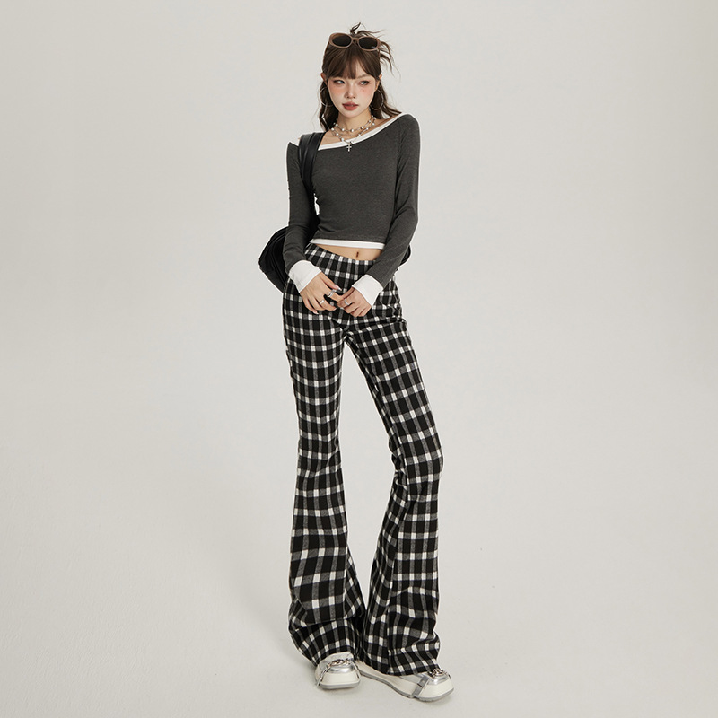 YC & American Retro Spice Girls Low Waist Bell Pants Slim Fit Slimming Plaid Casual Pants Women's Autumn & Long Pants