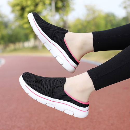 2024 Spring and Autumn Cross-border Soft Sole Mesh Breathable Thick Sole One-Piece Couple's Casual Comfort Sports Half Slippers for Women