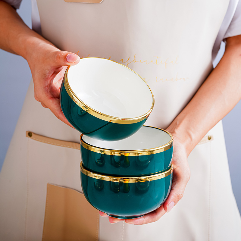 Nórdico tazón plato traje hogar Luz lujo oro Borde de cerámica plato de arroz combinación ins Internet celebridad Esmeralda vajilla