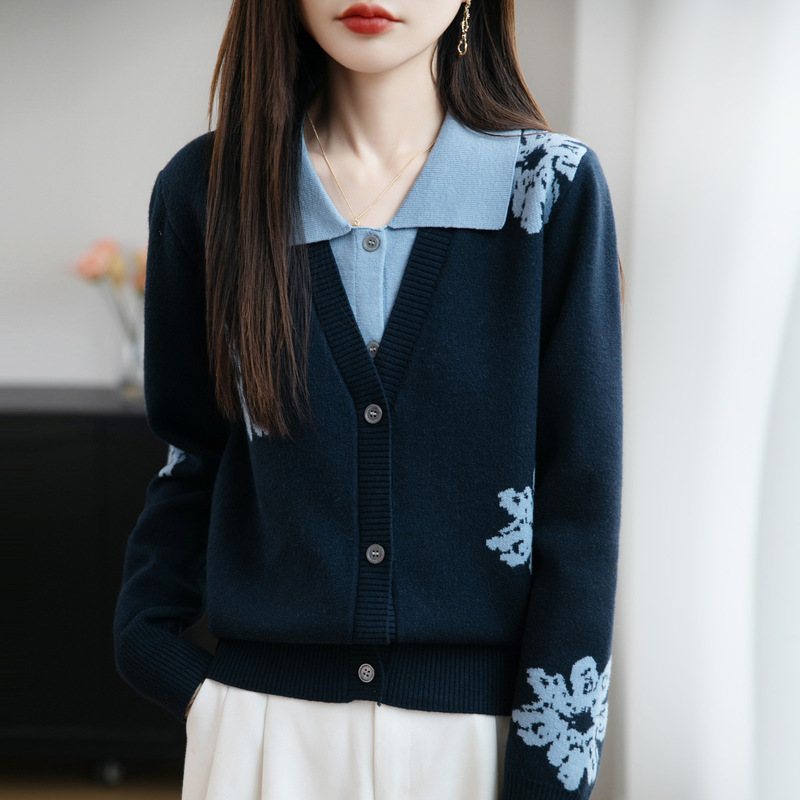 品牌同款假两件毛衣女秋冬新款设计感撞色提花polo领针织开衫上衣|undefined