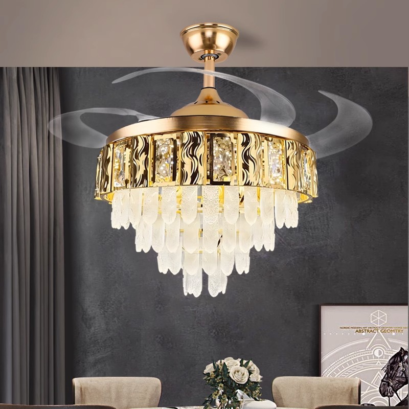 跨境歐式隱形風扇燈客廳臥室餐廳吊扇燈北歐輕奢水晶吊燈中山工廠