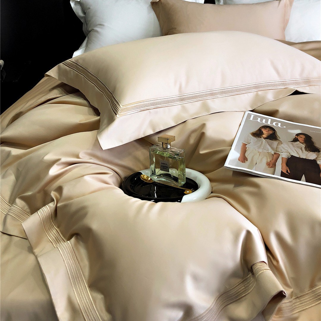 Simple Modern style solid color five-thread embroidery bedding four seasons bedding high-end cotton long-staple cotton four-piece home textile