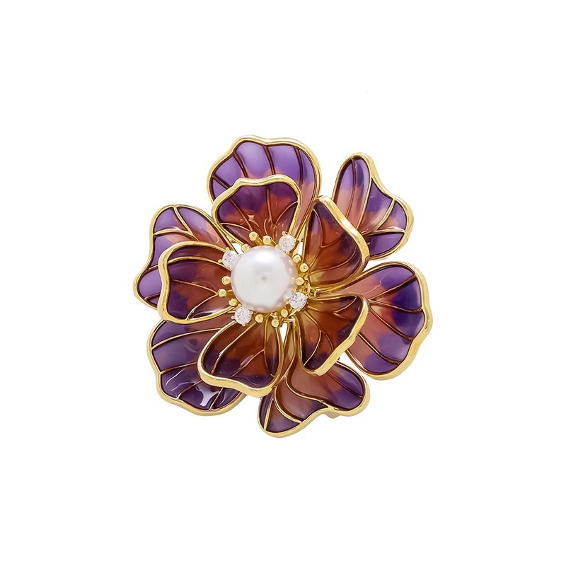 Vintage Enamel Peony Flower Brooch Advanced Sense Niche Pearl Corsage High-end Flower Pin Accessories Clothing Ornaments